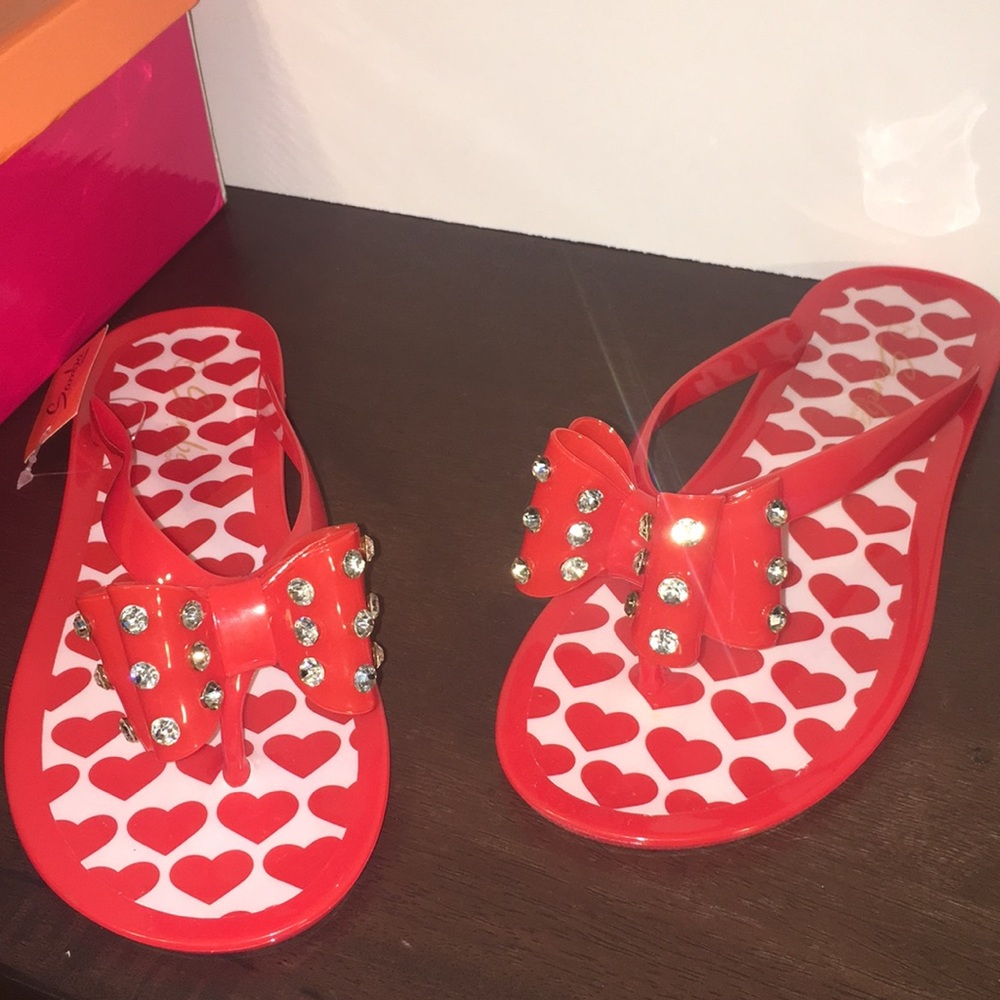 ✨Gel red sandals white rhinestone bow✨